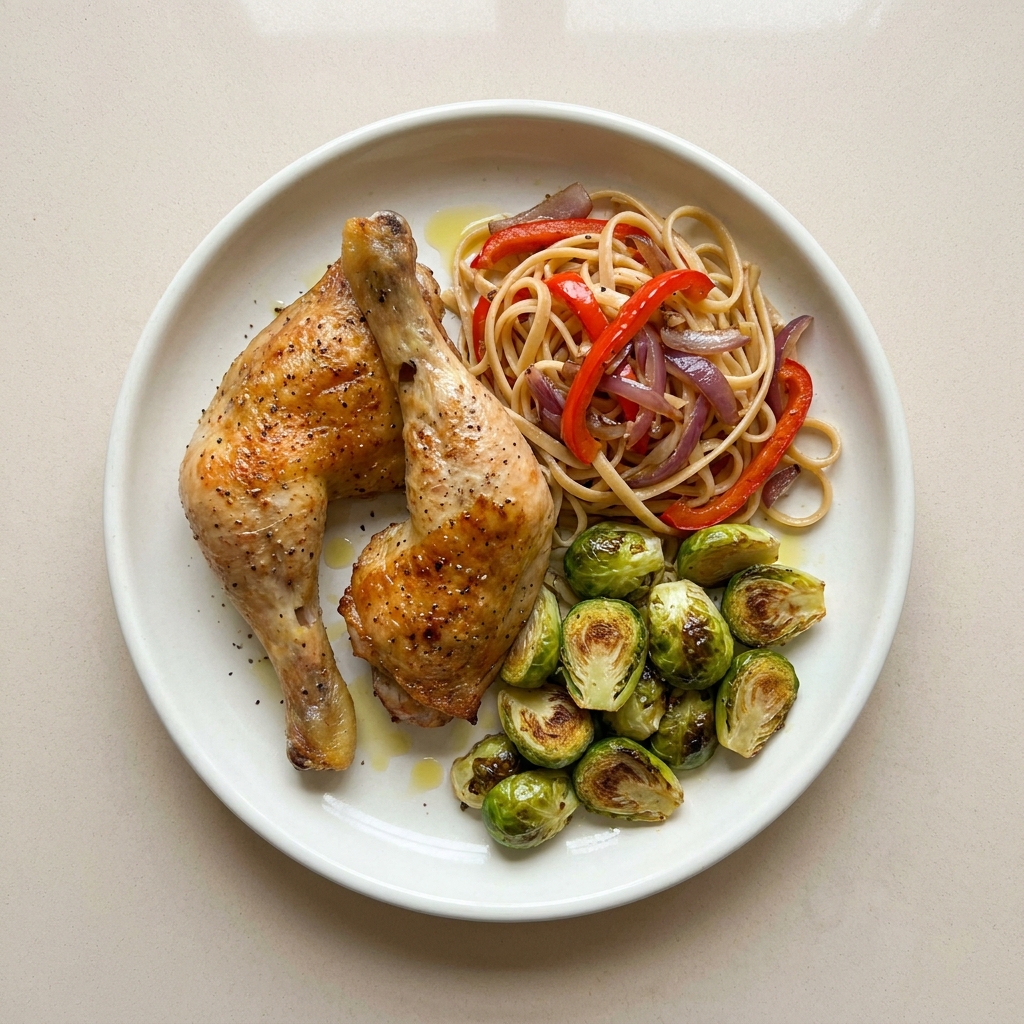 Roasted Chicken Legs with Protein Pasta and Brussels Sprouts, prepared as a finished Lila recipe