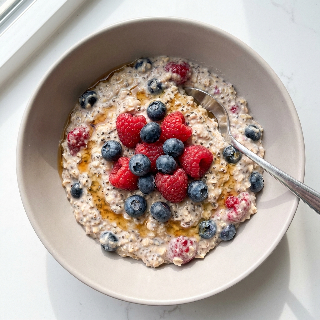 High Protein Berry Overnight Oats, prepared as a finished Lila recipe