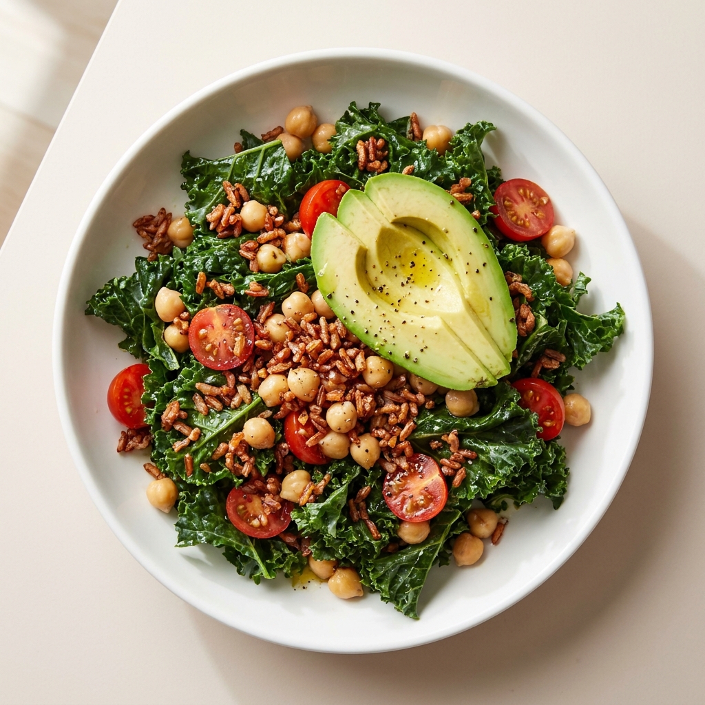 Kale And Crispy Red Rice Salad With Chickpeas, prepared as a finished Lila recipe