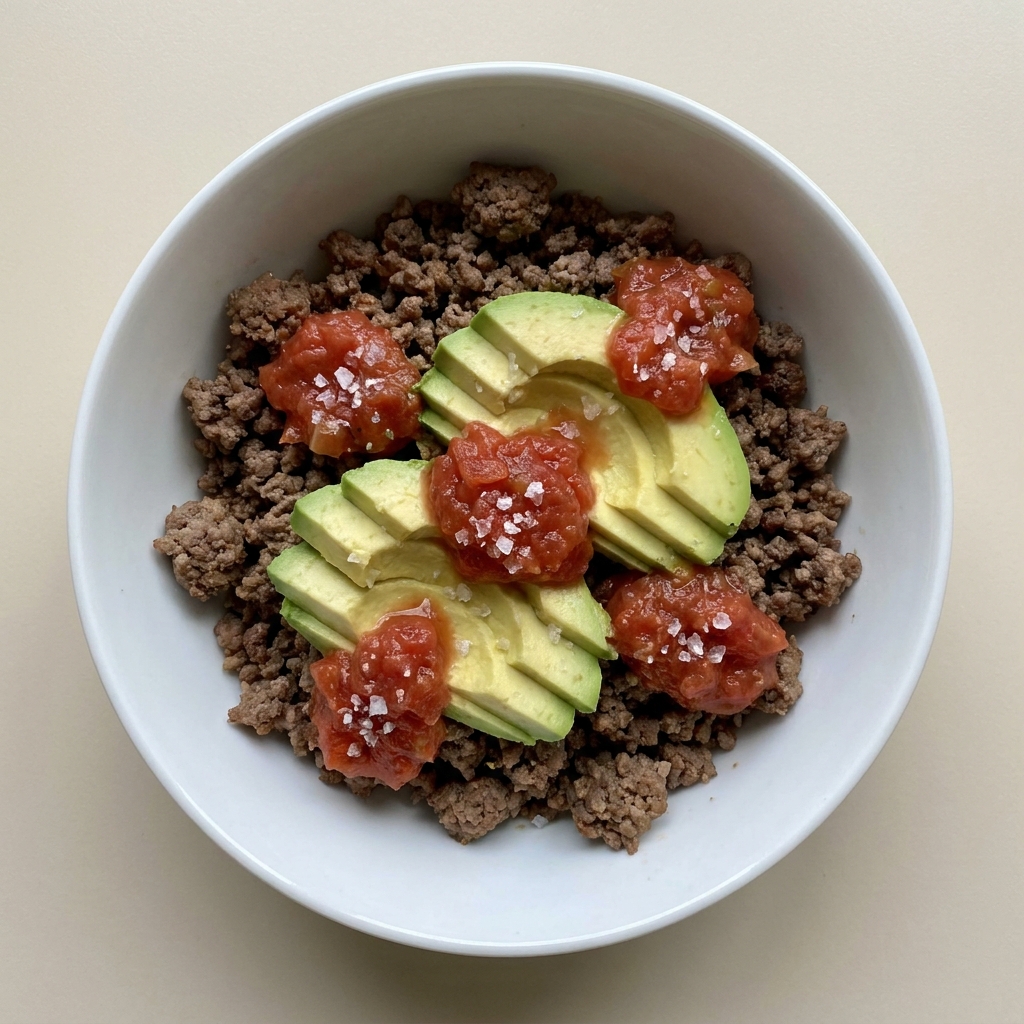 Beef and Avocado Keto Bowl, prepared as a finished Lila recipe