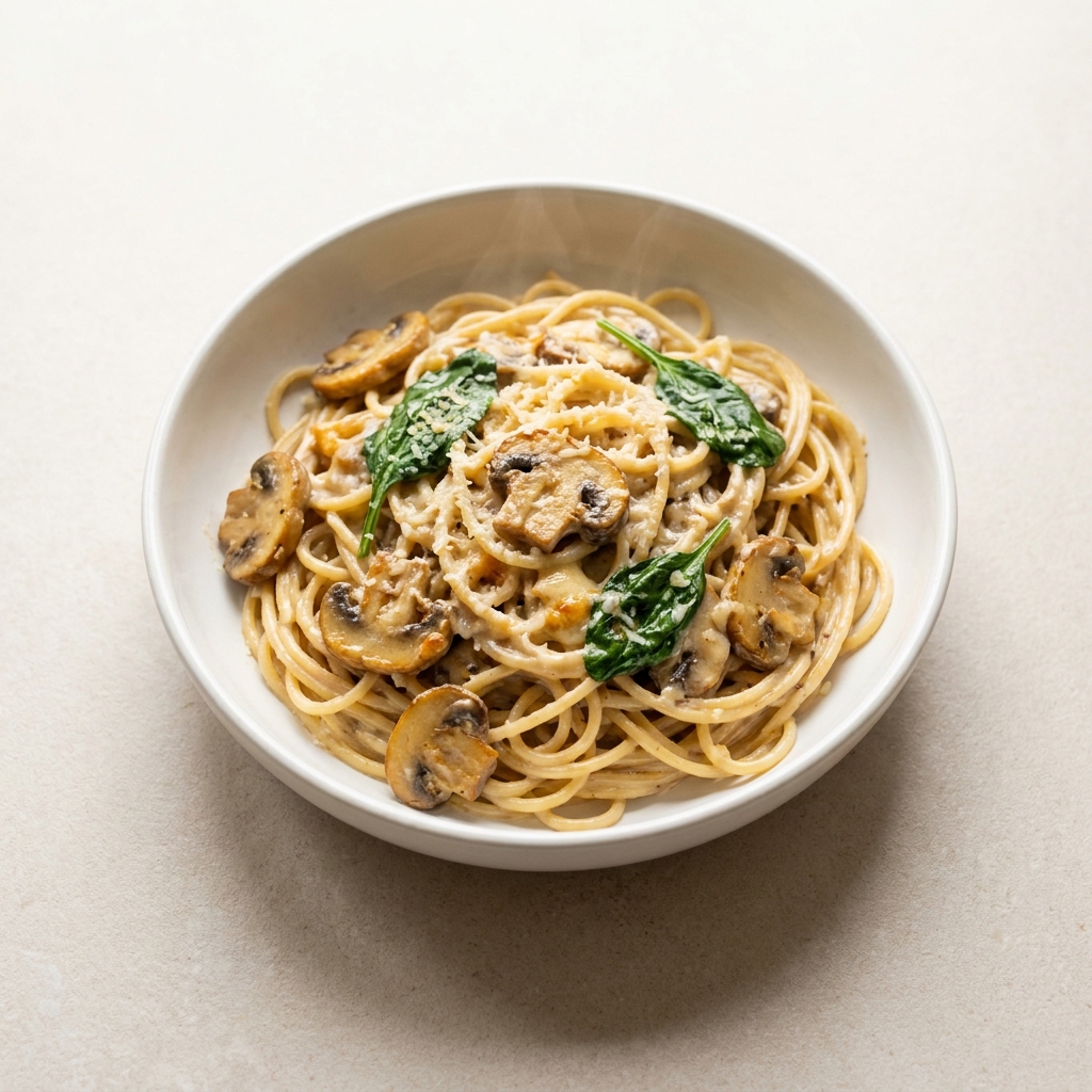 Creamy Mushroom Protein Pasta, prepared as a finished Lila recipe