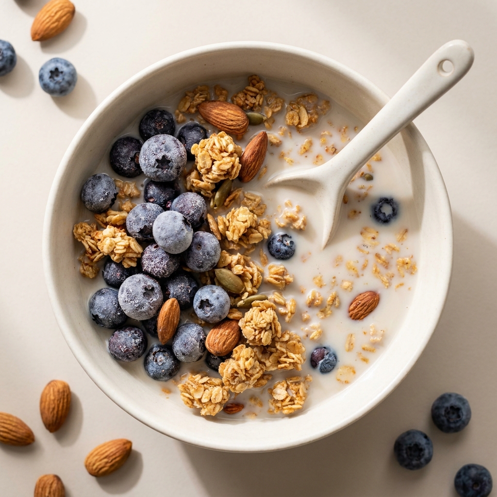 Blueberry Almond Granola Bowl, prepared as a finished Lila recipe