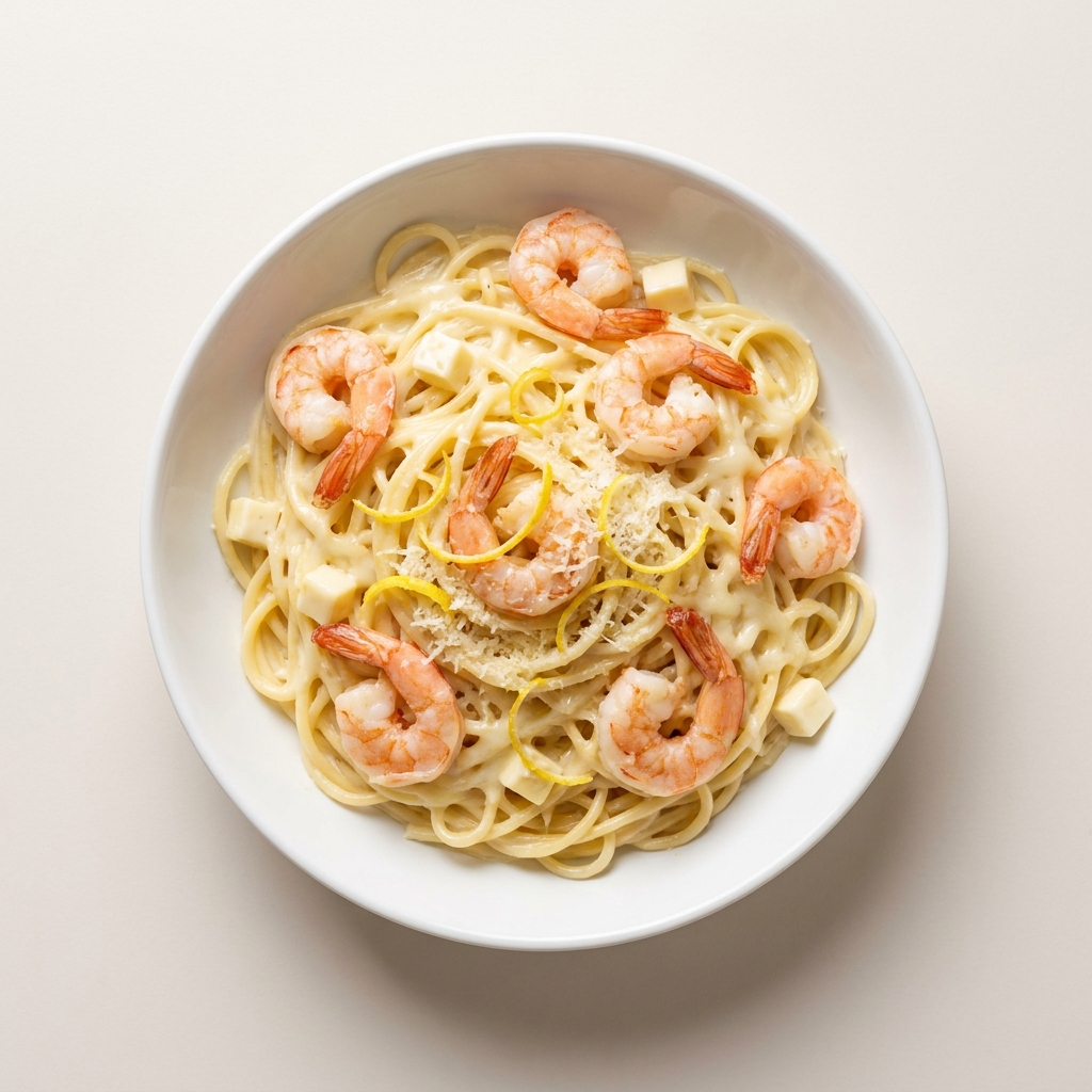 Creamy Lemon and King Prawn Protein Pasta, prepared as a finished Lila recipe