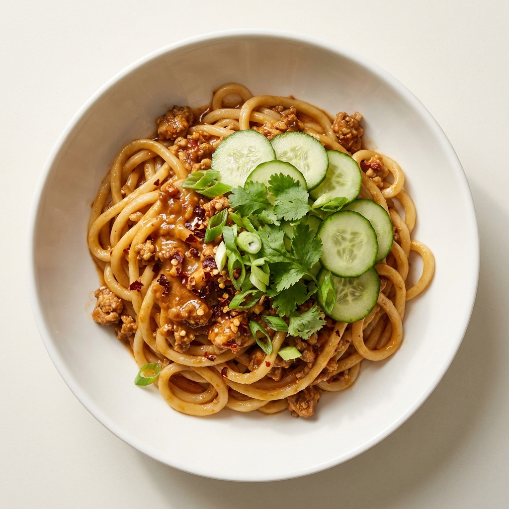 Spicy Peanut Chicken Udon, prepared as a finished Lila recipe