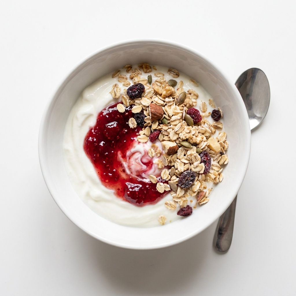 Greek Yogurt with Muesli and Berry Jam, prepared as a finished Lila recipe