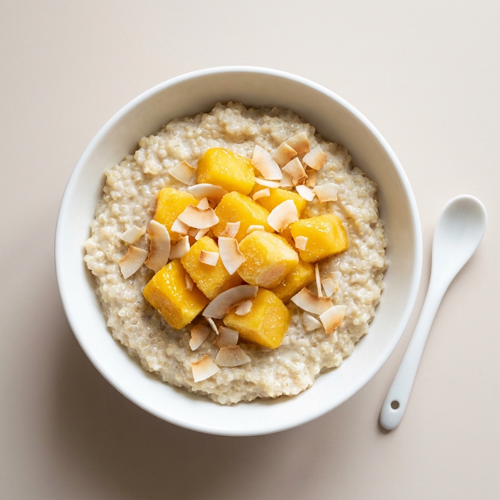 Vanilla Mango Quinoa Breakfast Bowl, prepared as a finished Lila recipe