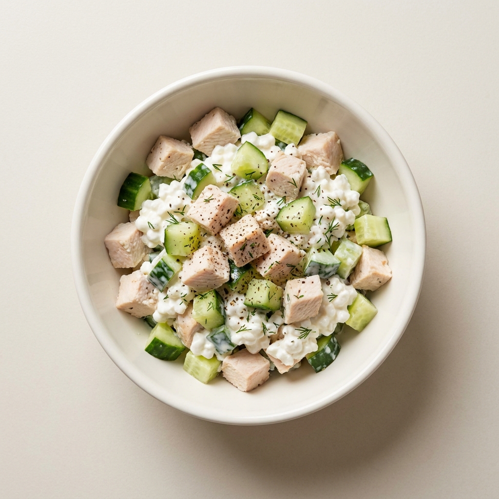 Cottage Cheese Chicken and Cucumber Salad, prepared as a finished Lila recipe
