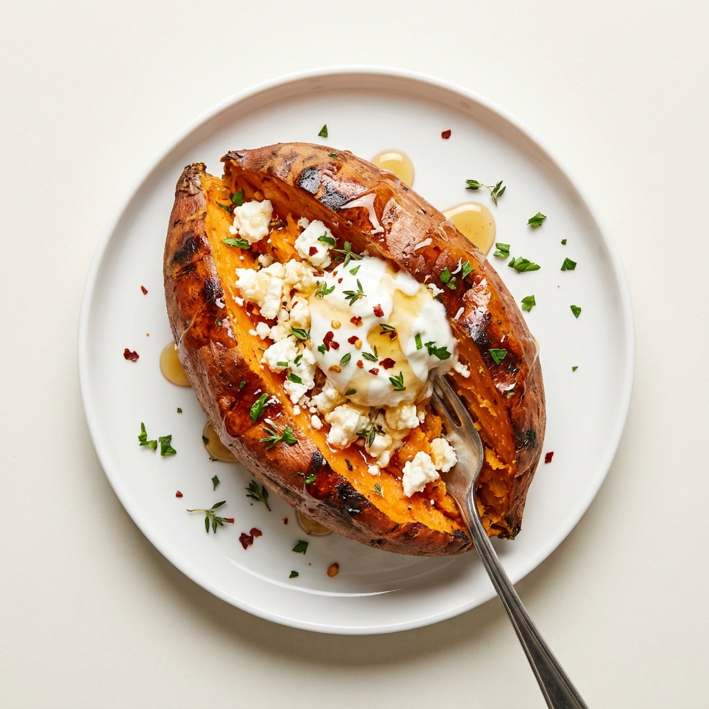 Feta and Honey Roasted Sweet Potato, prepared as a finished Lila recipe