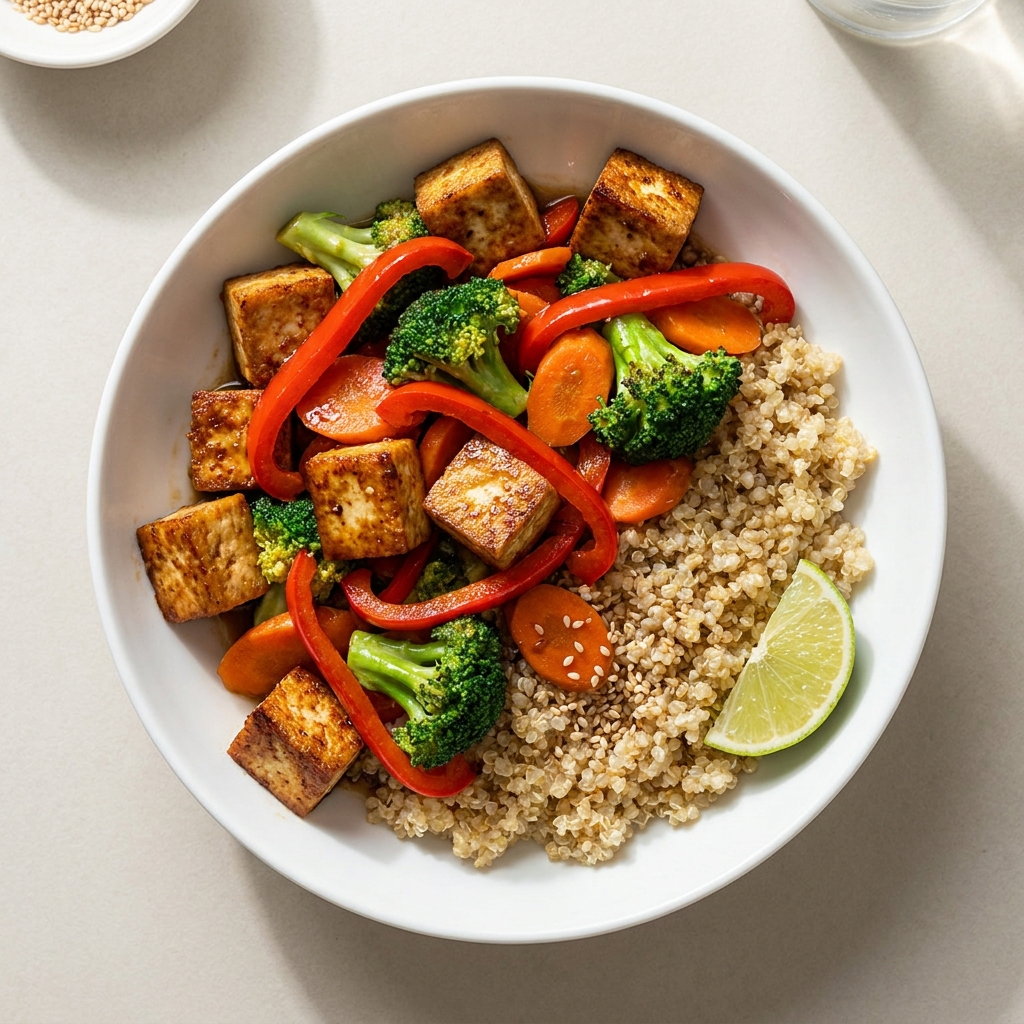 Tofu Salteado con Verduras y Quinoa, prepared as a finished Lila recipe