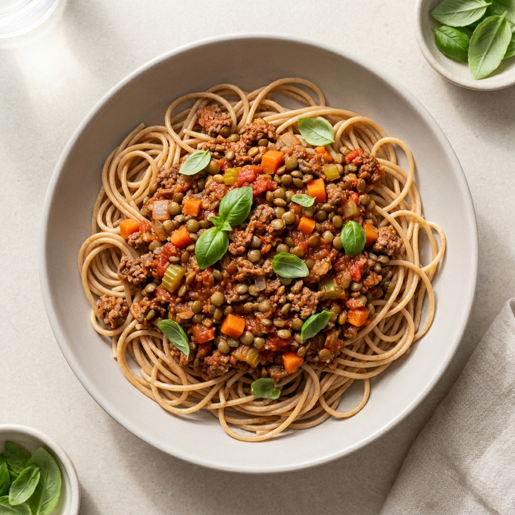 Lentil and Beef Bolognese with Whole-Wheat Spaghetti, prepared as a finished Lila recipe