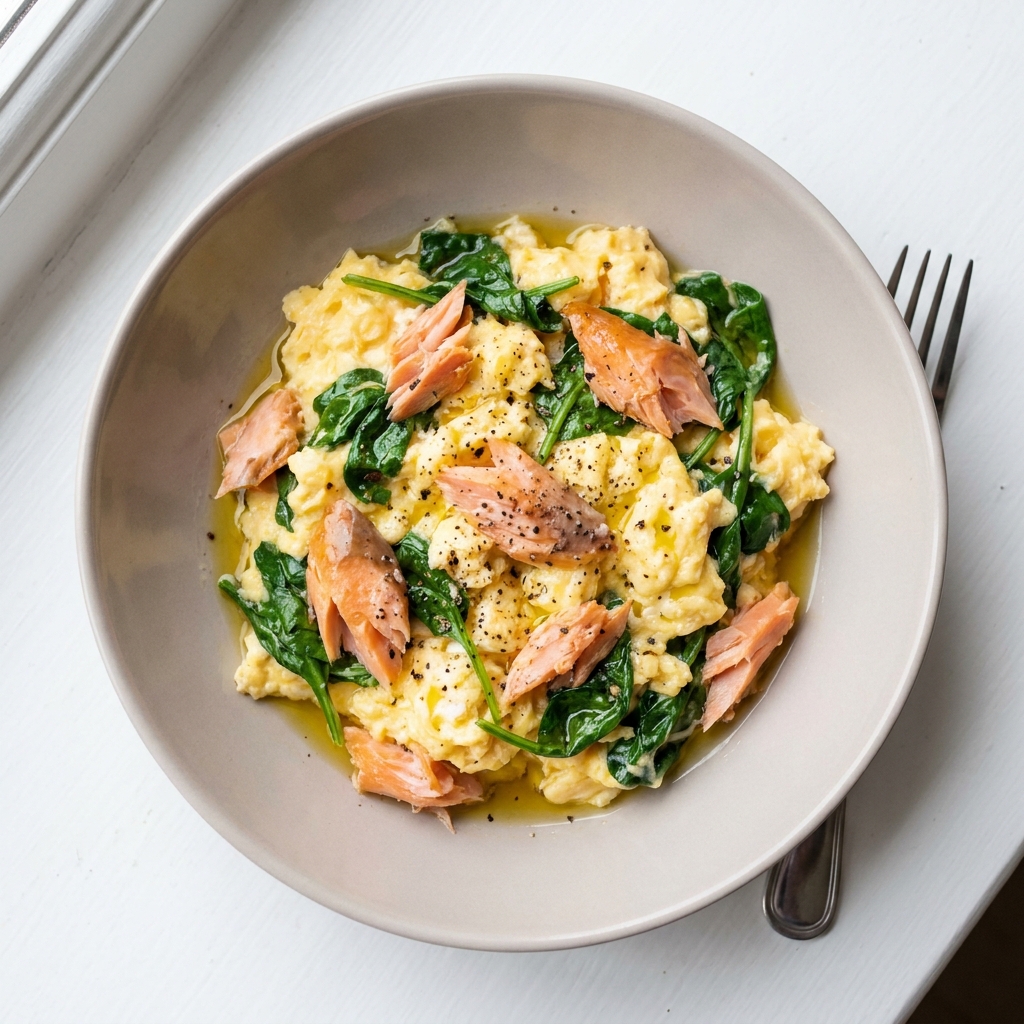Warm Smoked Salmon and Spinach Scramble, prepared as a finished Lila recipe