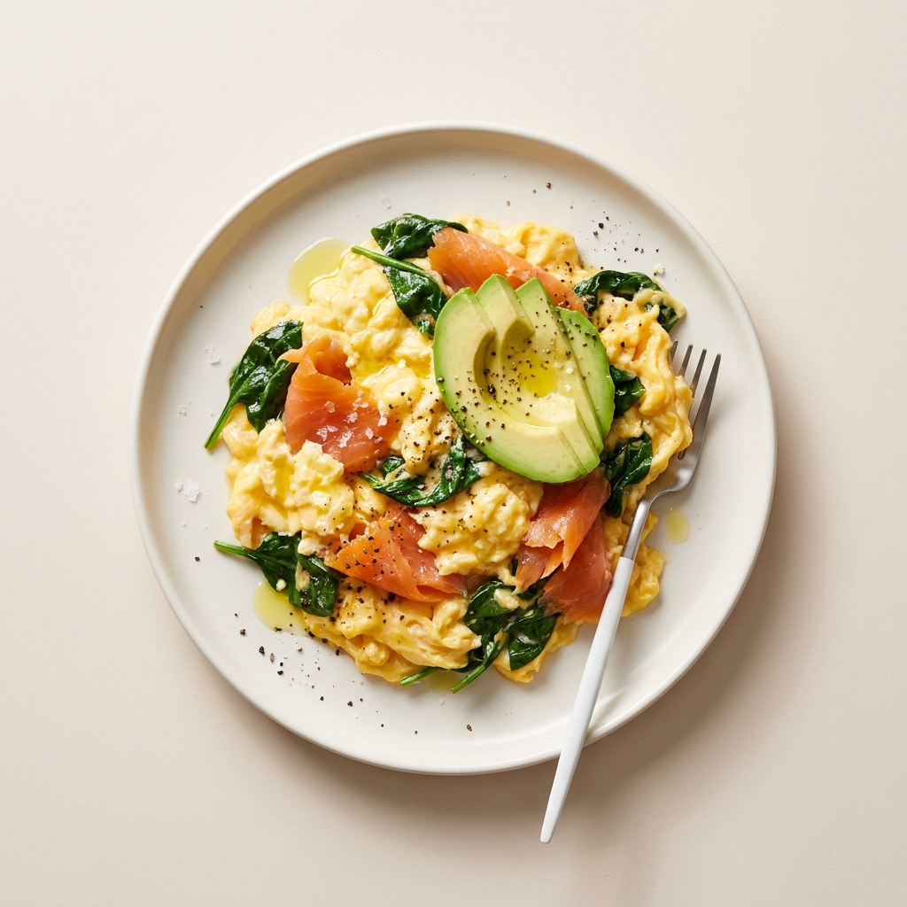 Smoked Salmon and Avocado Scramble, prepared as a finished Lila recipe