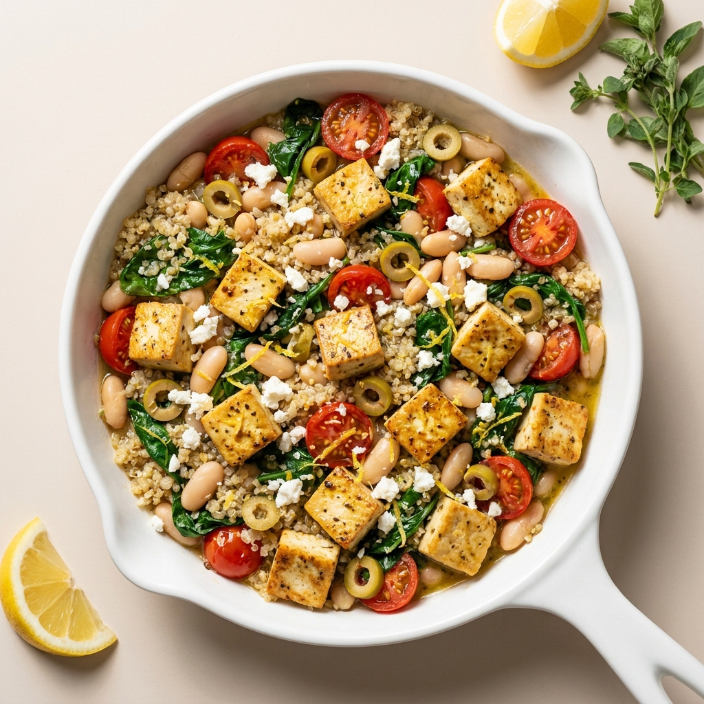 Lemon Herb Tofu and White Bean Skillet, prepared as a finished Lila recipe
