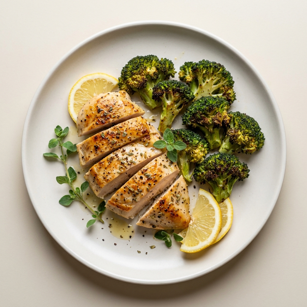 Lemon Herb Chicken Breast with Roasted Broccoli, prepared as a finished Lila recipe