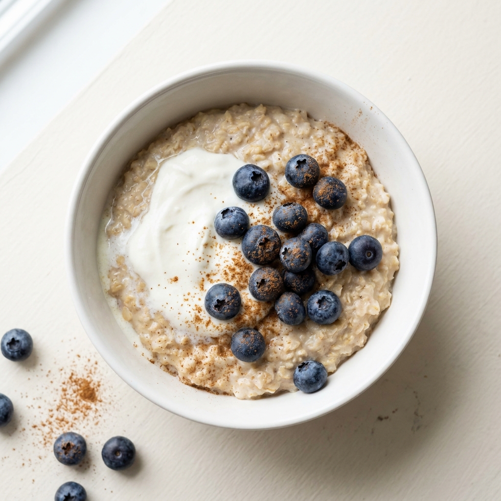 Warm Berry Vanilla Yogurt Oatmeal, prepared as a finished Lila recipe