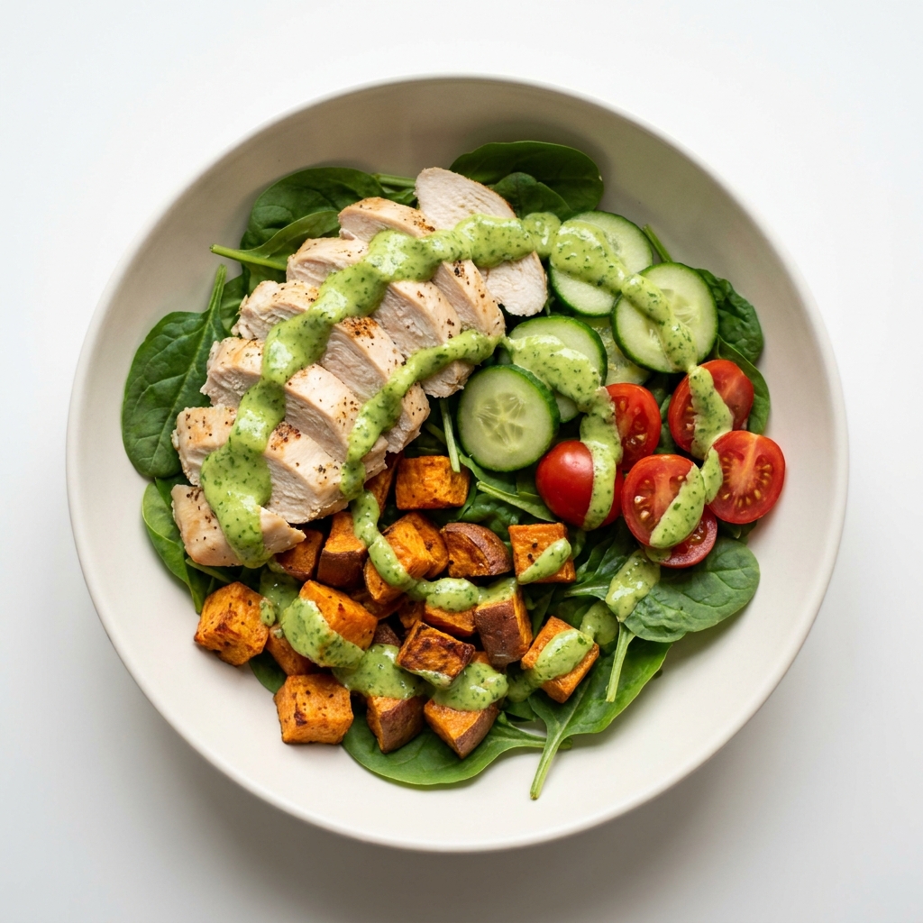 Warm Green Goddess Chicken Bowls, prepared as a finished Lila recipe