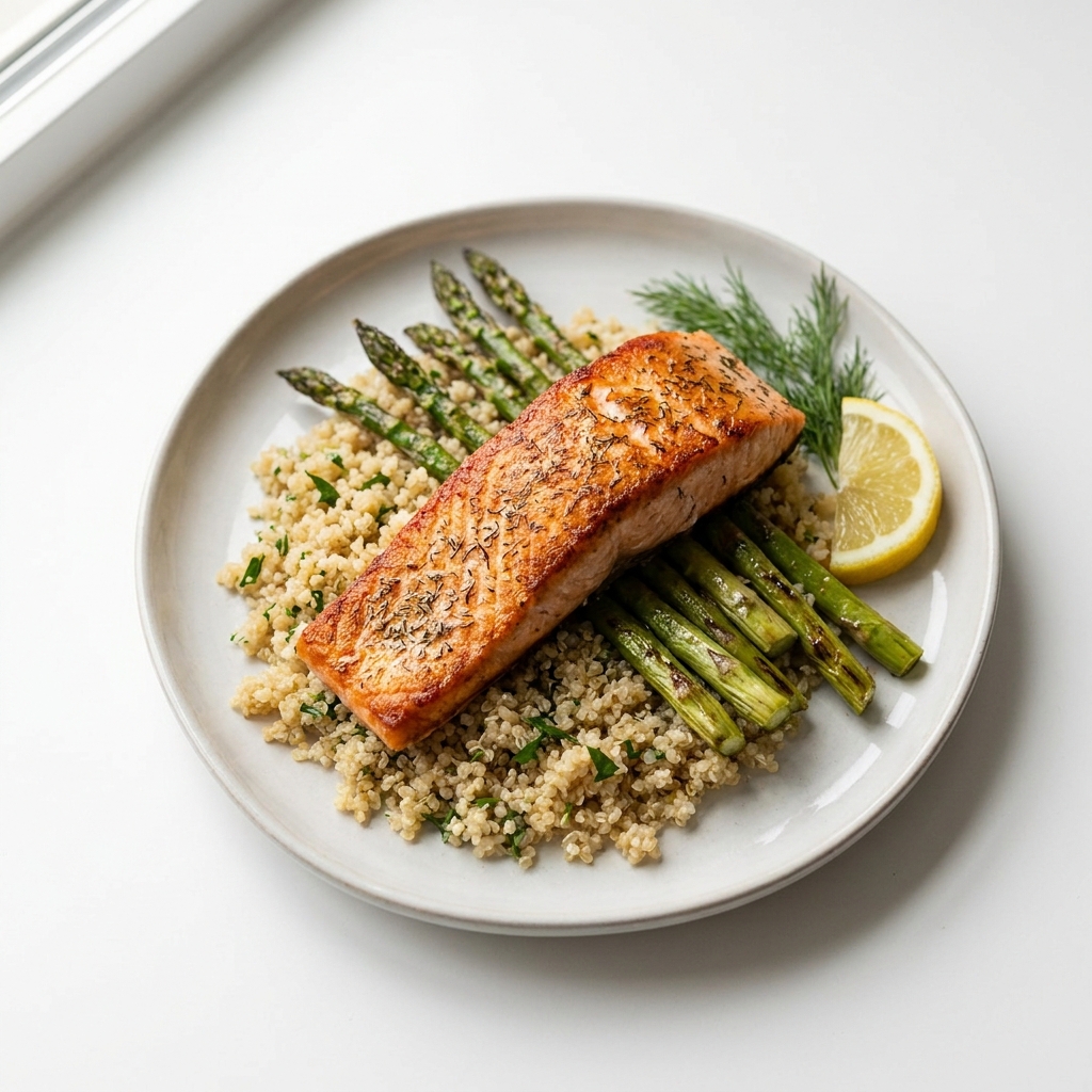 Pan-Seared Salmon with Quinoa and Asparagus, prepared as a finished Lila recipe