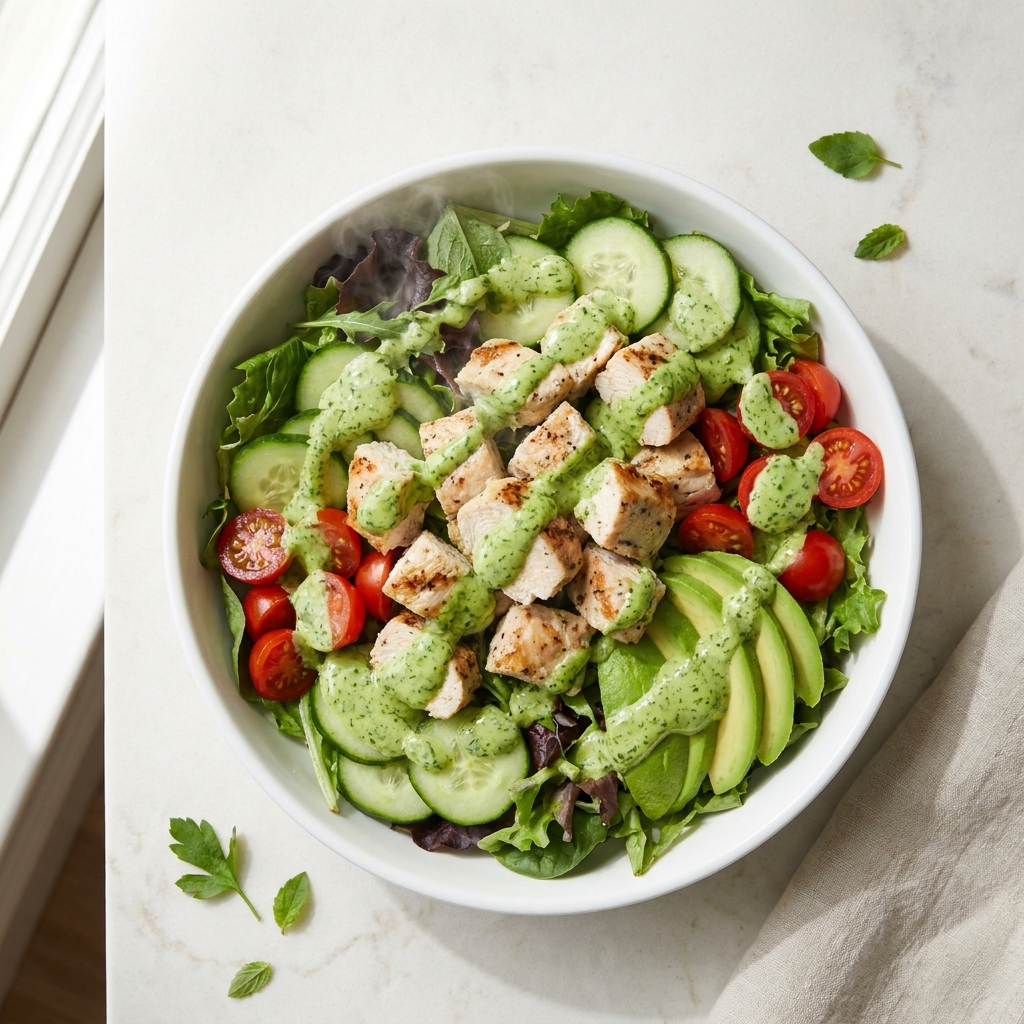Warm Green Goddess Chicken Salad, prepared as a finished Lila recipe