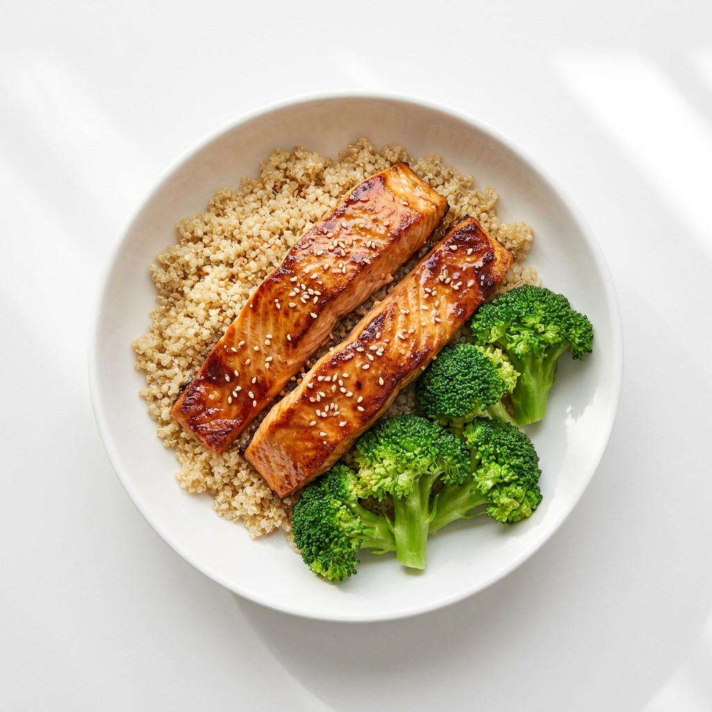 Miso Glazed Salmon with Broccoli and Quinoa, prepared as a finished Lila recipe