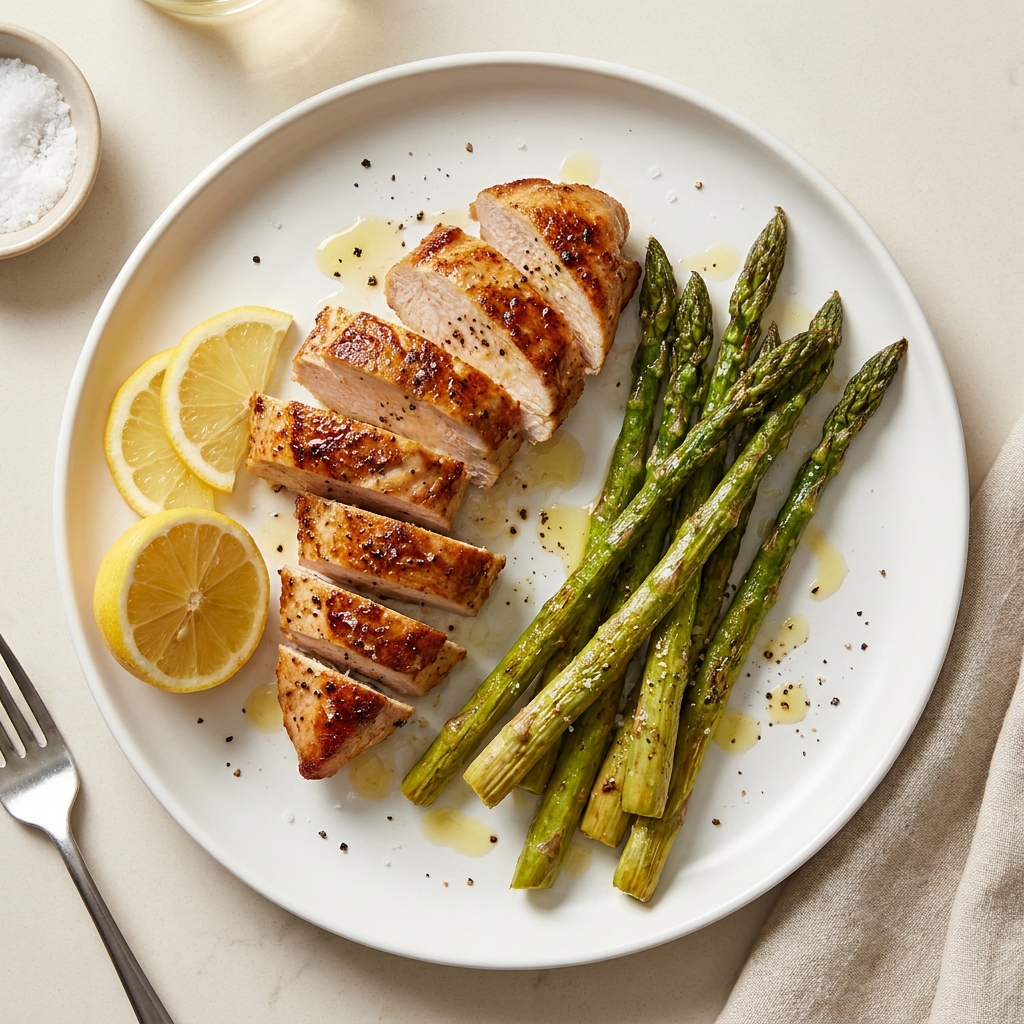Lemon Garlic Turkey Breast with Roasted Asparagus, prepared as a finished Lila recipe
