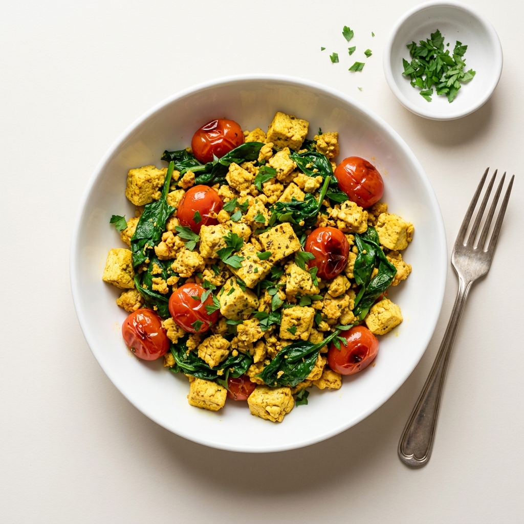 Mediterranean Tofu Scramble with Spinach and Tomato, prepared as a finished Lila recipe