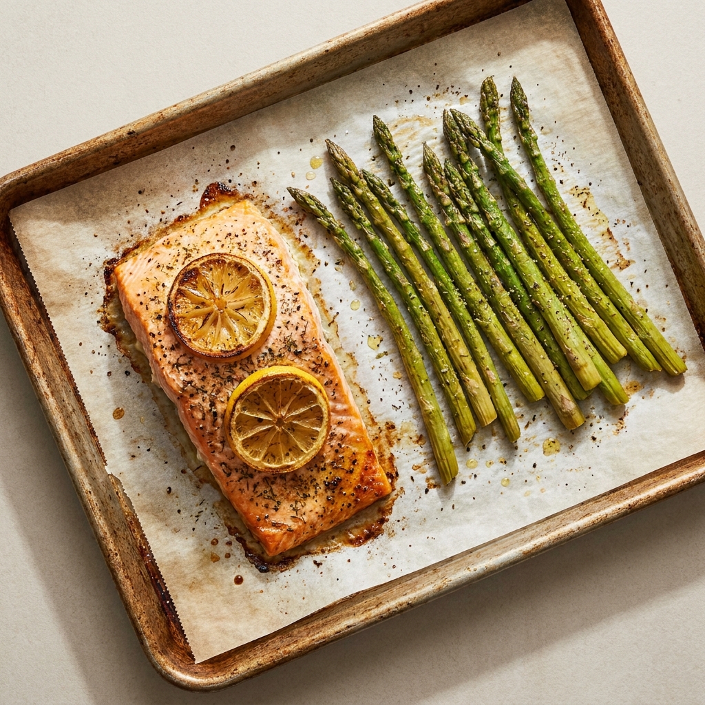 Sheet Pan Lemon Herb Salmon With Roasted Asparagus, prepared as a finished Lila recipe