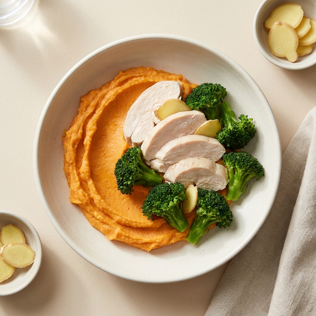 Soothing Ginger Chicken and Sweet Potato Mash, prepared as a finished Lila recipe