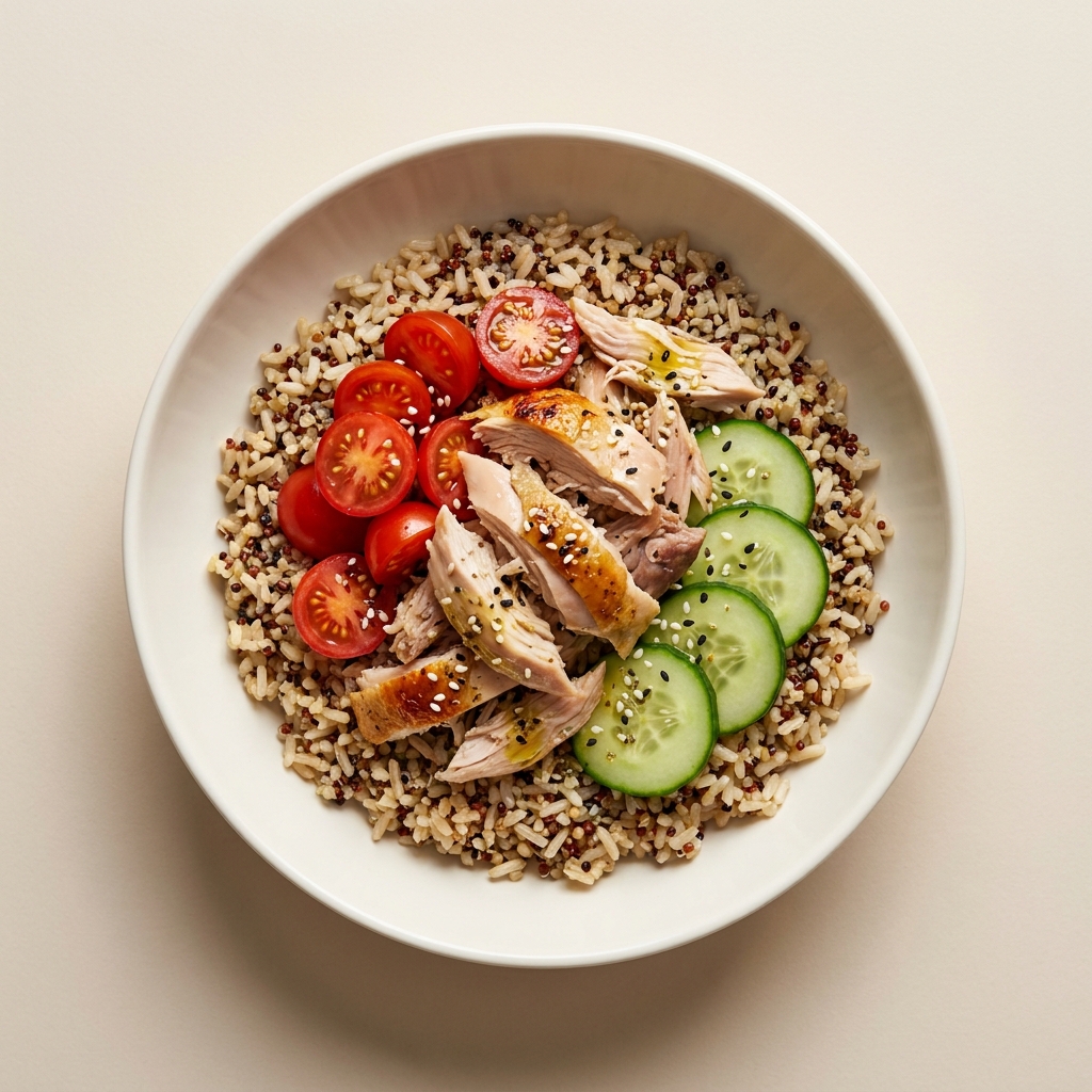 Rotisserie Chicken and Quinoa Rice Bowl, prepared as a finished Lila recipe