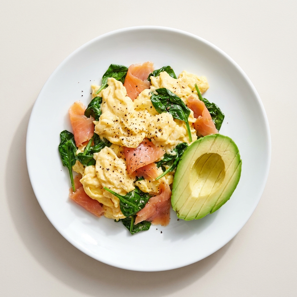 Smoked Salmon and Spinach Scramble with Avocado, prepared as a finished Lila recipe