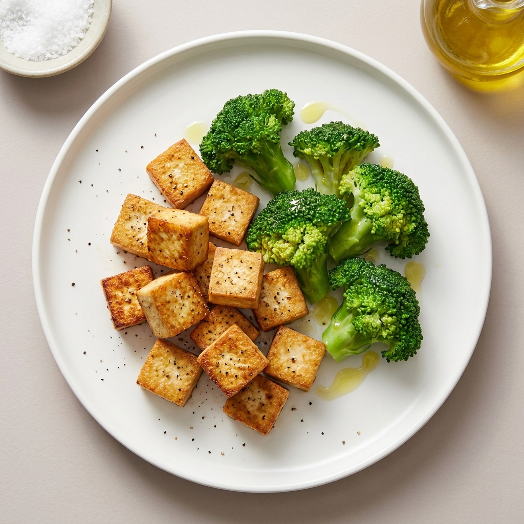 Plain Pan-Seared Tofu and Broccoli, prepared as a finished Lila recipe