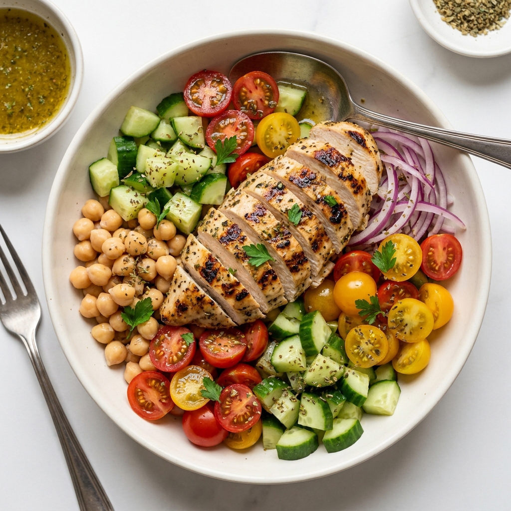 Mediterranean Chicken and Chickpea Salad Bowl, prepared as a finished Lila recipe
