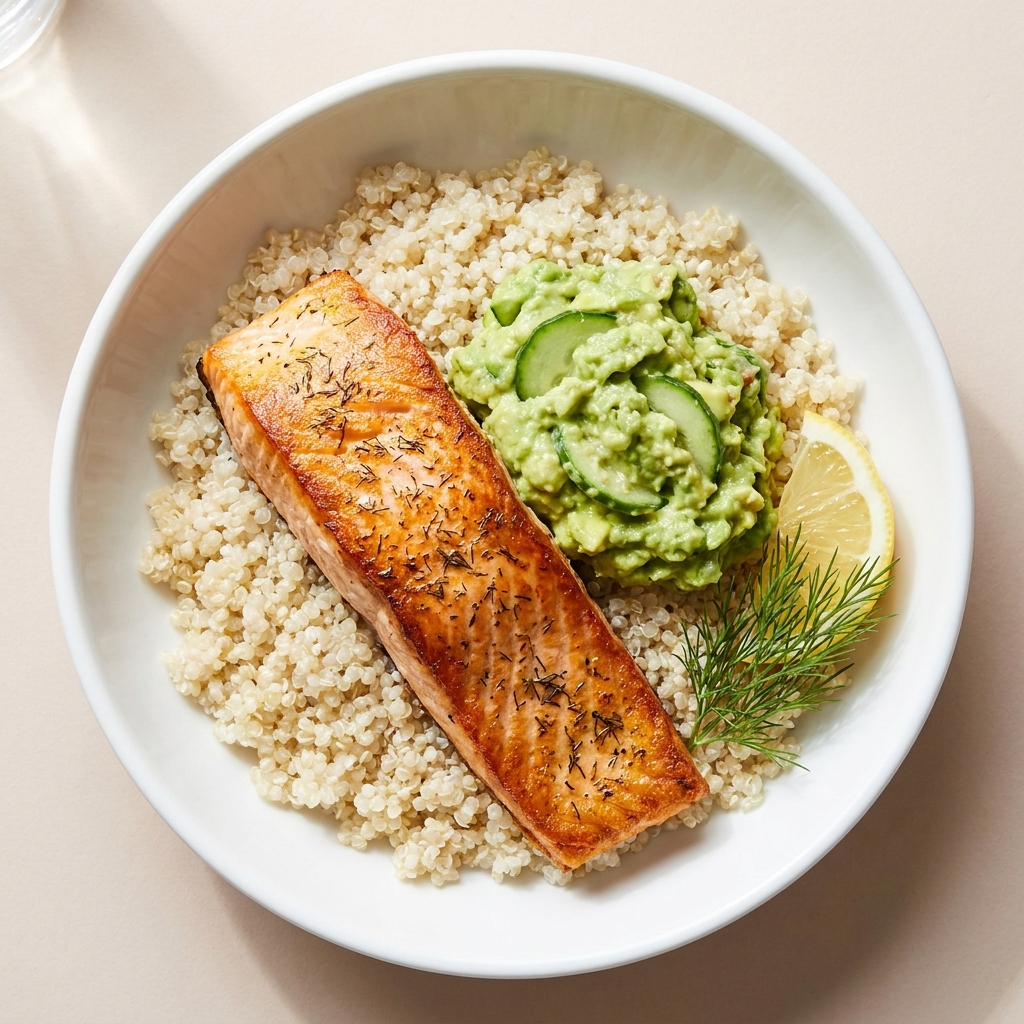 Lemon Herb Salmon With Avocado Cucumber Mash And Quinoa, prepared as a finished Lila recipe