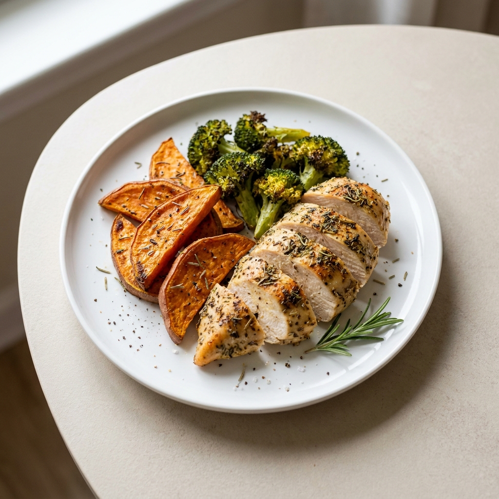 Rosemary Roasted Chicken with Sweet Potato and Broccoli, prepared as a finished Lila recipe