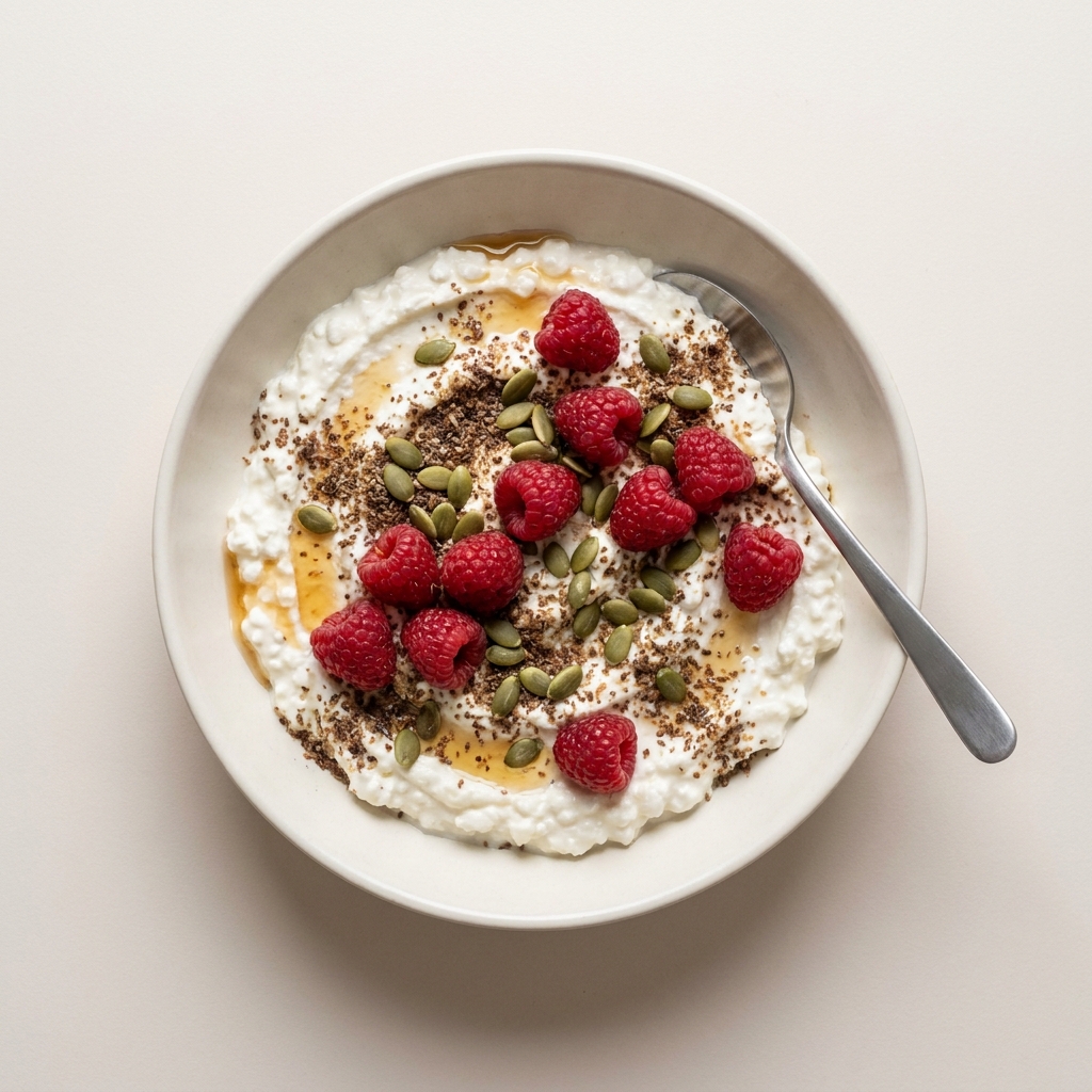 Berry and Seed Cottage Cheese Bowl, prepared as a finished Lila recipe