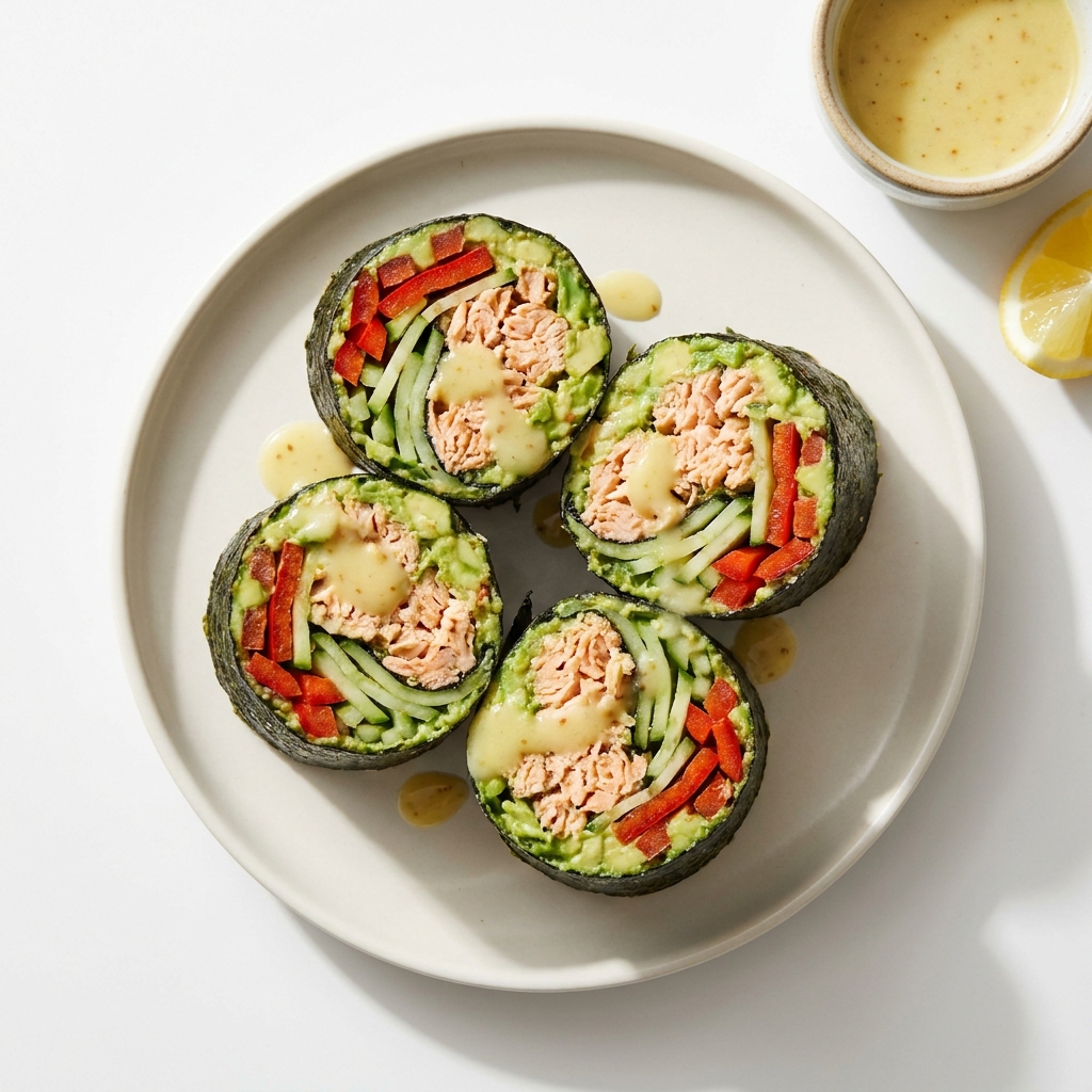 Crunchy Salmon And Avocado Nori Wrap, prepared as a finished Lila recipe