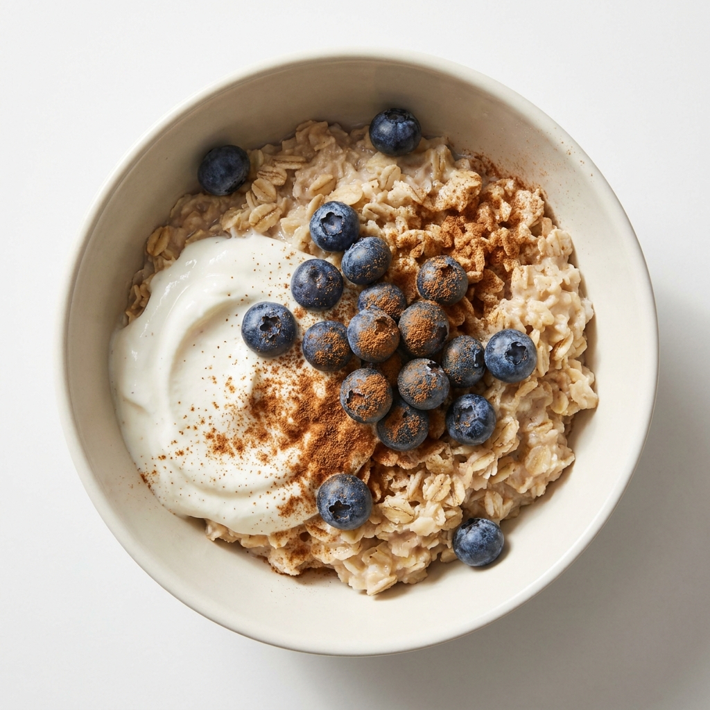 Vanilla Berry Oatmeal Bowl with Greek Yogurt, prepared as a finished Lila recipe