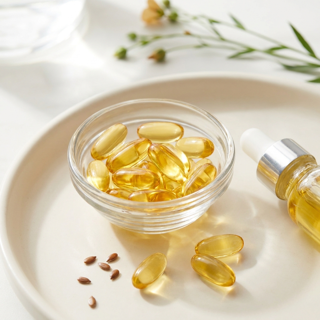 Unbranded presentation of Flaxseed Oil Supplement for Hormonal Support