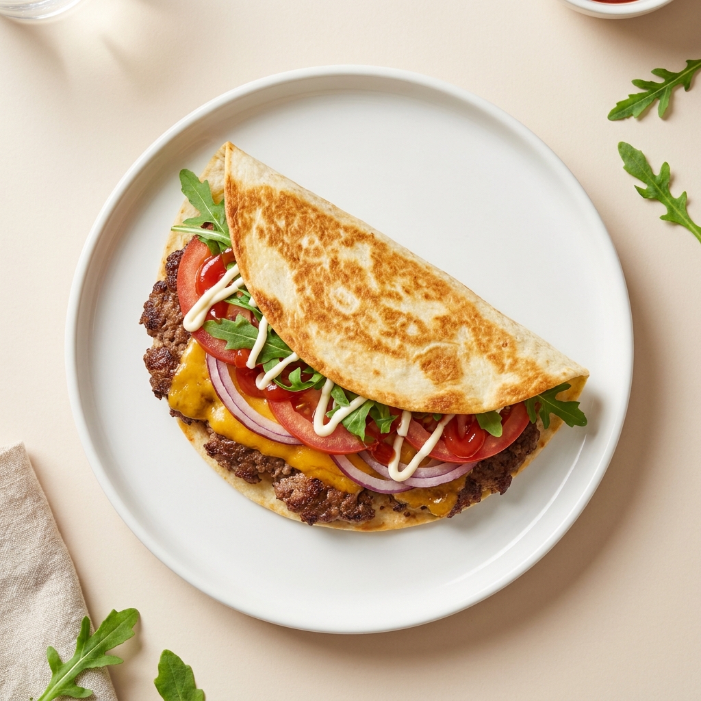 Smashed Beef Tortilla Burger Wrap, prepared as a finished Lila recipe