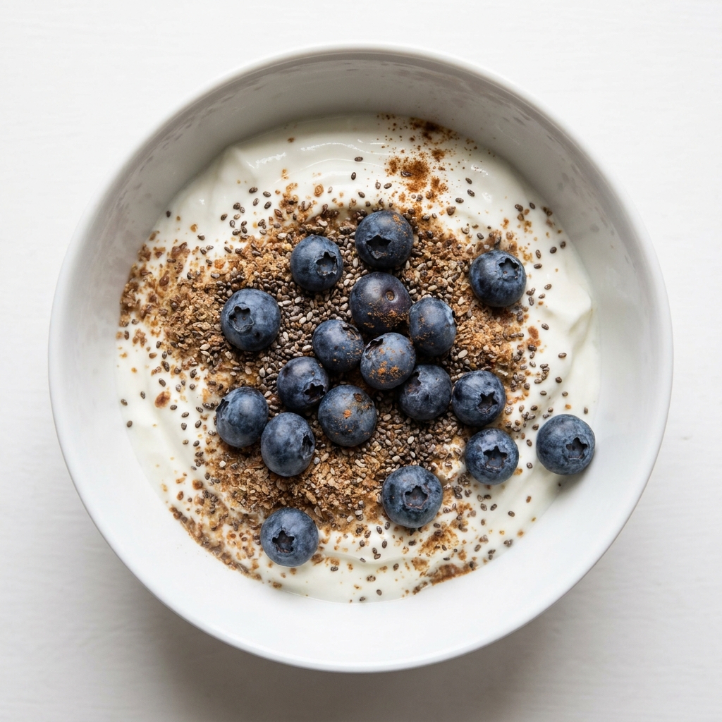 Protein Packed Flax And Blueberry Yogurt Bowl, prepared as a finished Lila recipe