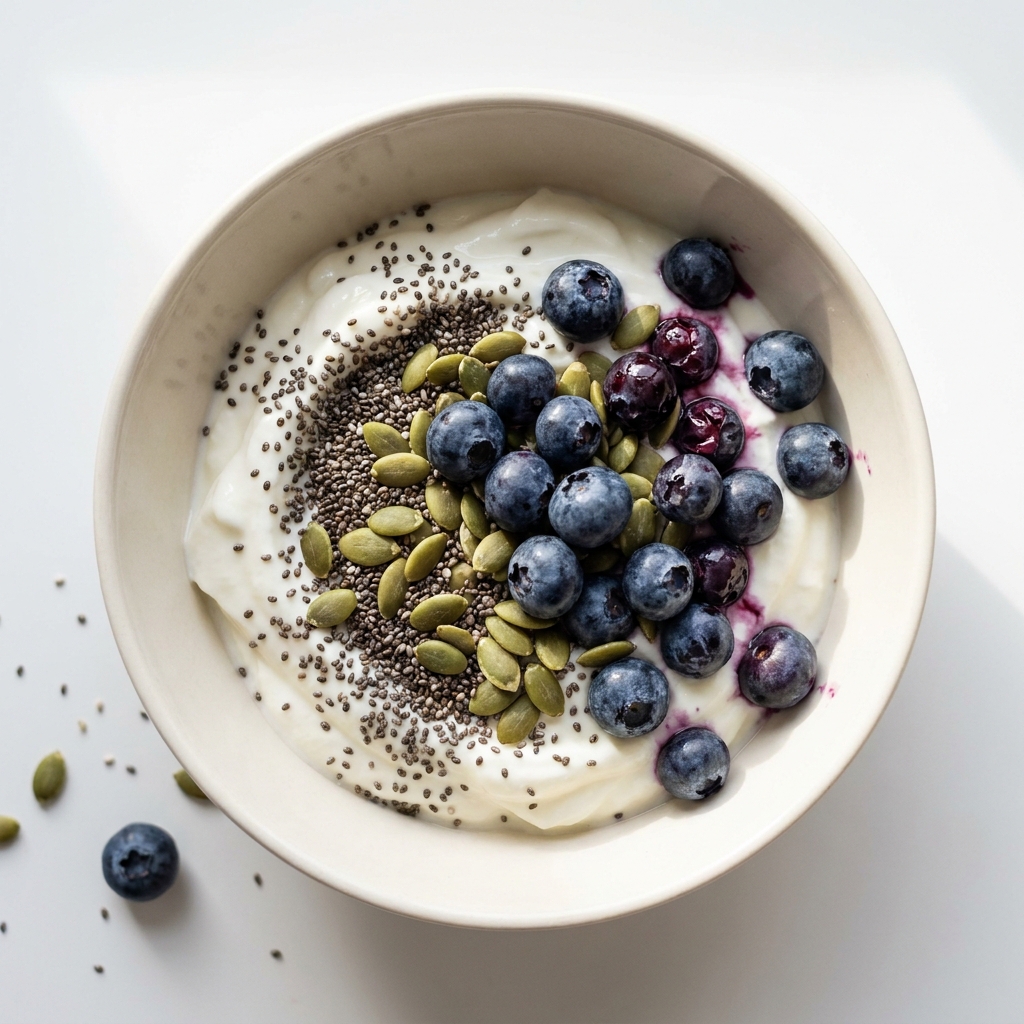Quick Greek Yogurt Berry and Seed Bowl, prepared as a finished Lila recipe