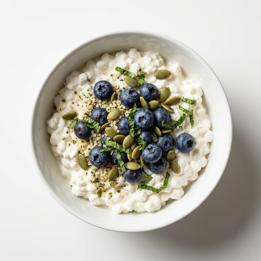 Herbed Berry and Seed Cottage Cheese Bowl, prepared as a finished Lila recipe
