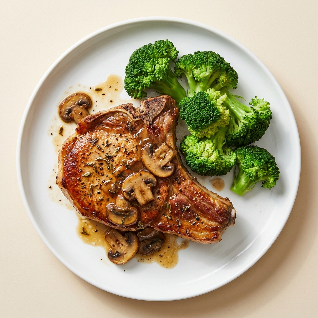 Herbed Pork Chop With Garlic Mushrooms And Broccoli, prepared as a finished Lila recipe