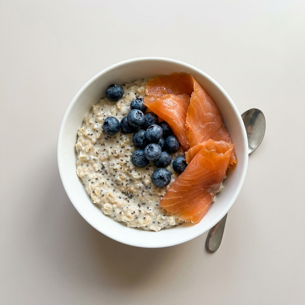 Protein Boosted Smoked Salmon Oatmeal Bowl, prepared as a finished Lila recipe