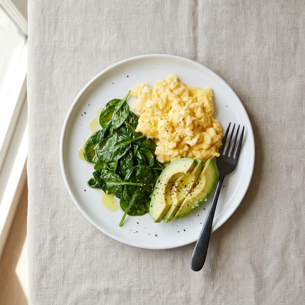 Sautéed Spinach And Scrambled Eggs With Avocado, prepared as a finished Lila recipe