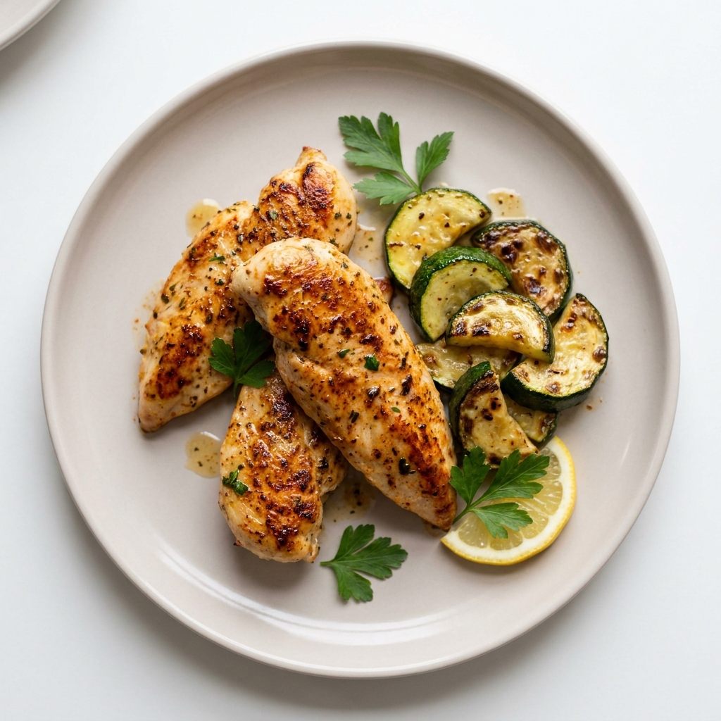 Lemon Herb Chicken Tenderloins With Roasted Zucchini, prepared as a finished Lila recipe