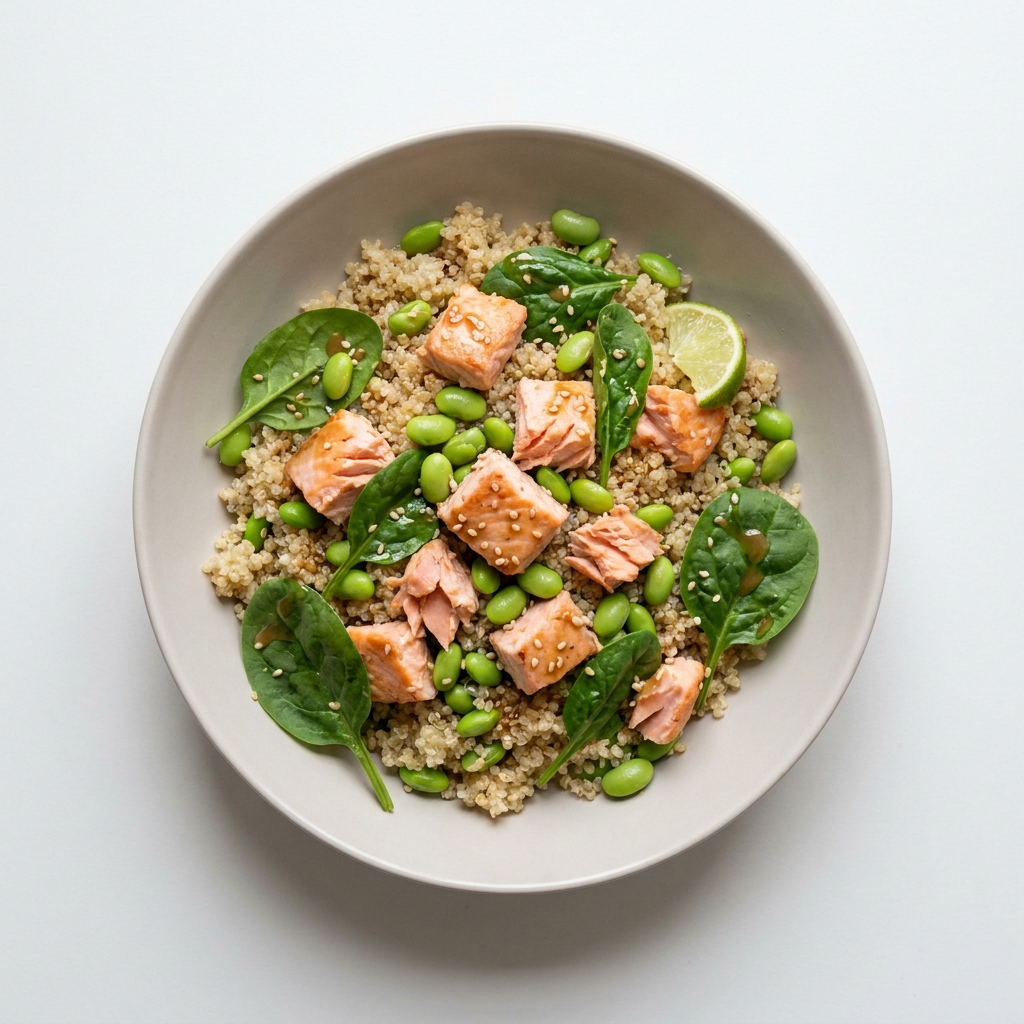 Warm Salmon and Edamame Quinoa Bowl, prepared as a finished Lila recipe