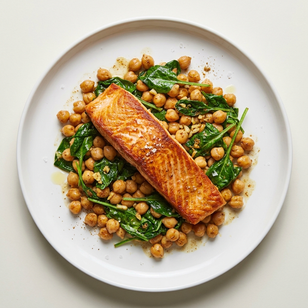 Pan-Seared Salmon with Warm Chickpea and Spinach Salad, prepared as a finished Lila recipe