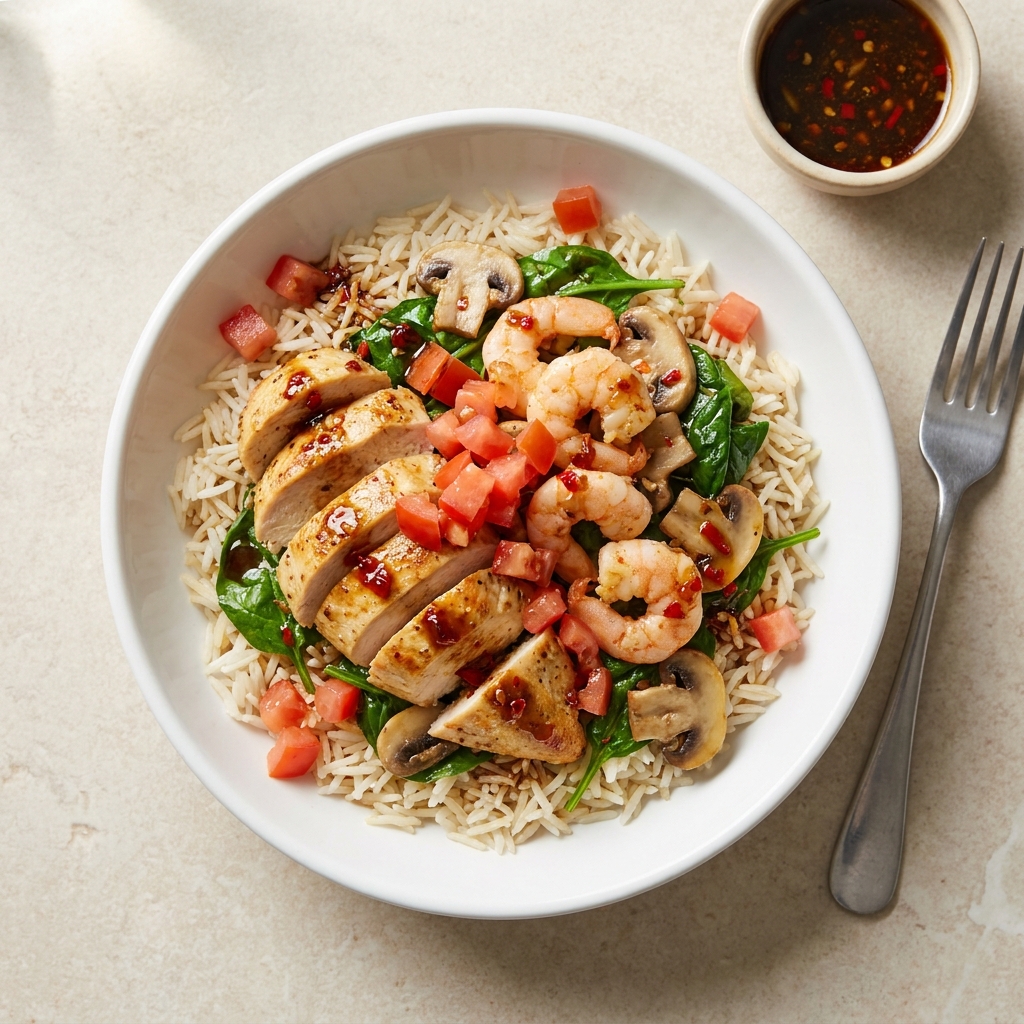 Zesty Chicken and Prawn Rice Bowl, prepared as a finished Lila recipe