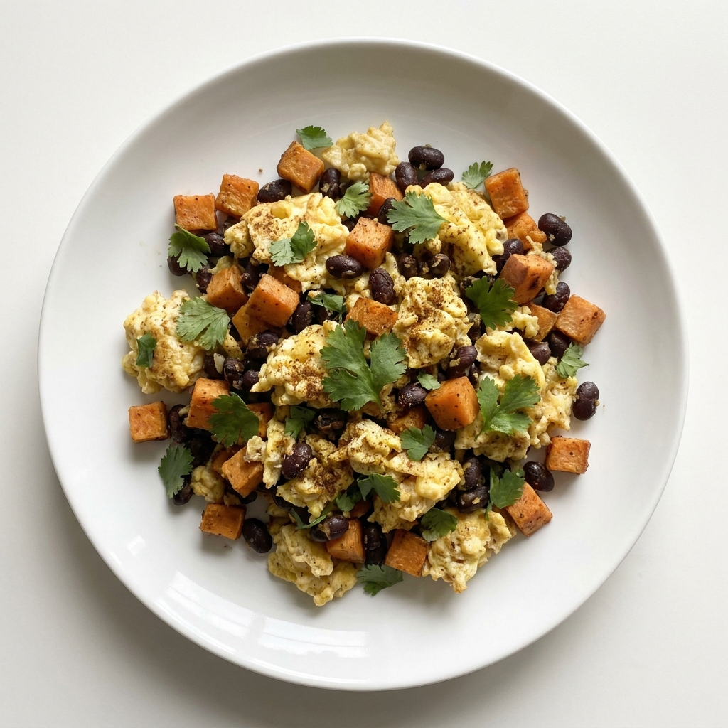 Southwest Egg Scramble with Sweet Potato, prepared as a finished Lila recipe