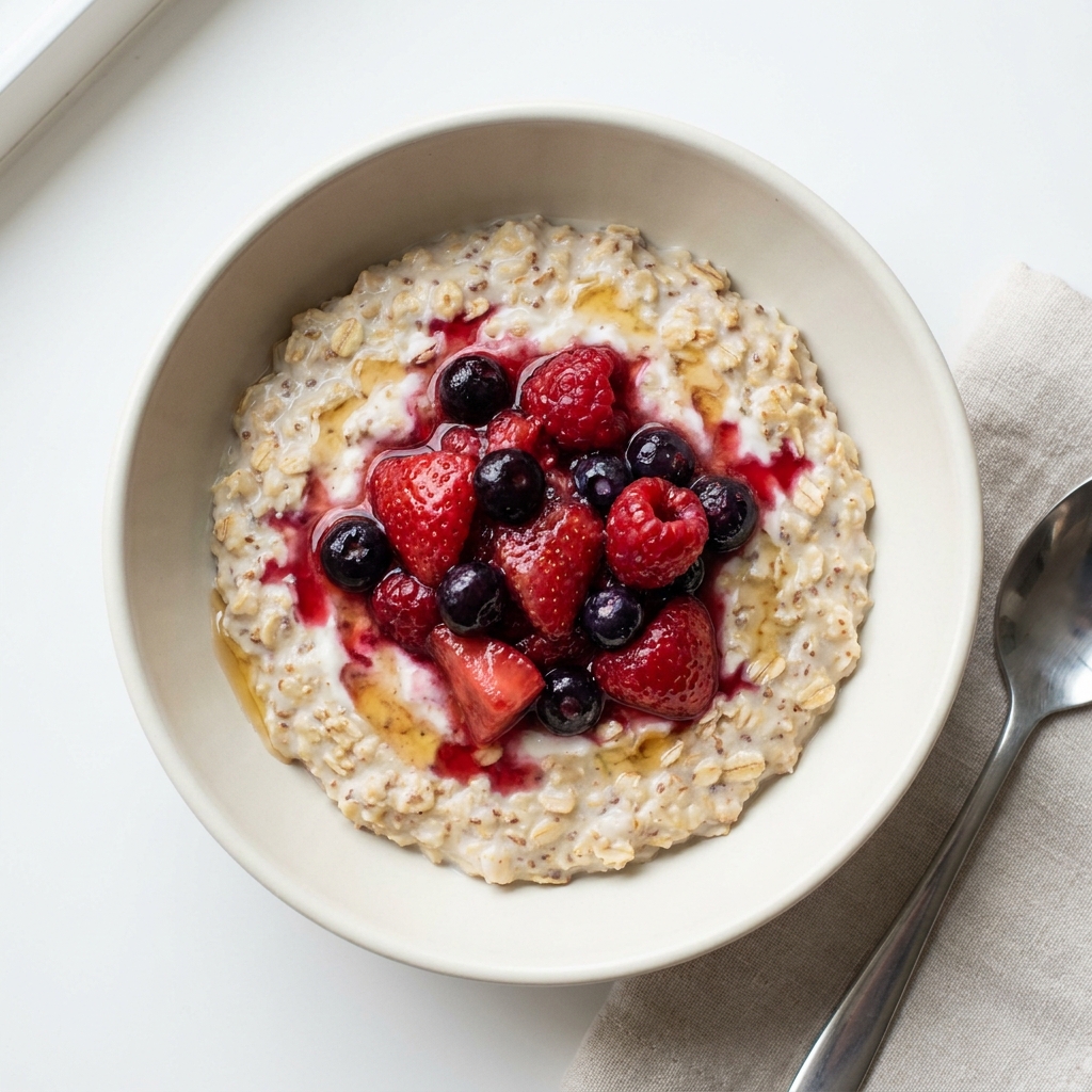 Creamy Vanilla Berry High Protein Oatmeal, prepared as a finished Lila recipe